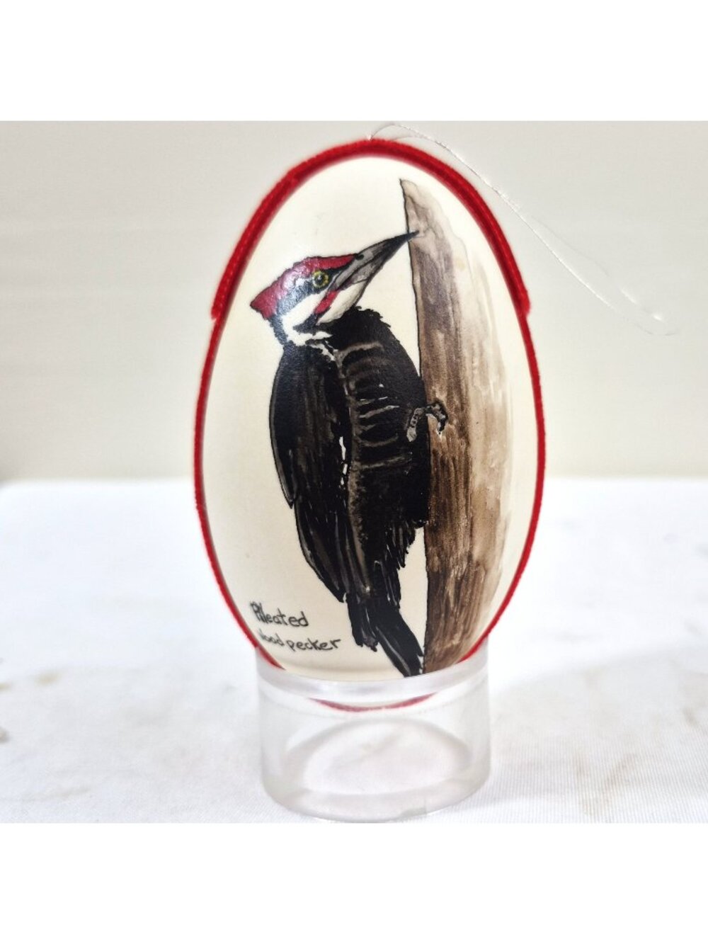 Vintage Hand Painted Pileated Woodpecker Egg Ornament Art Red Velvet Trim
